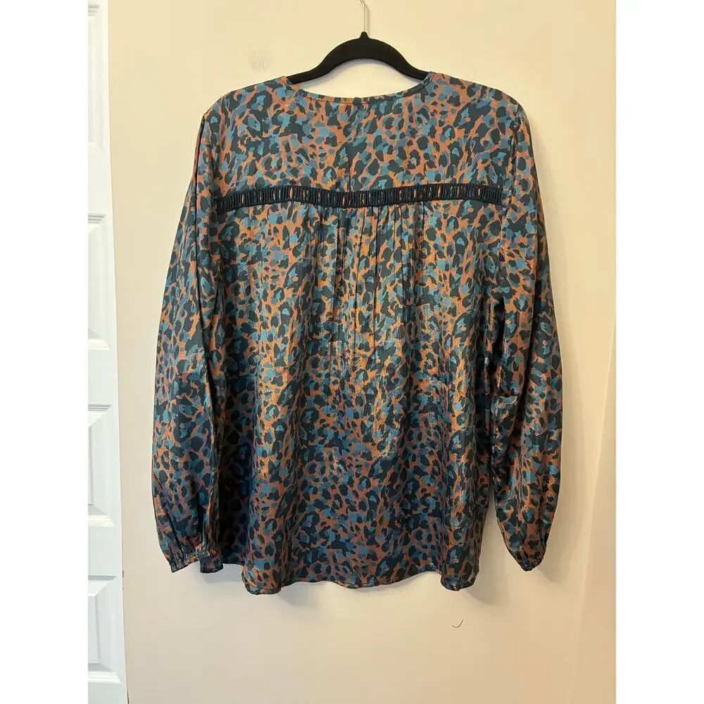 Soft Surroundings Gianna Copper Teal Animal Print Blouse Long Sleeve Navy XL